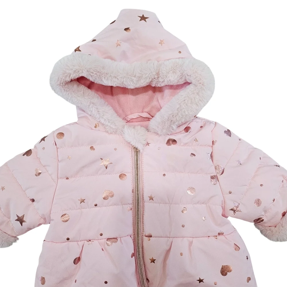 Rothschild Baby Girls Foil Print Zip Up‎ Pram Snowsuit Bib 3-6 Months Faux Fur